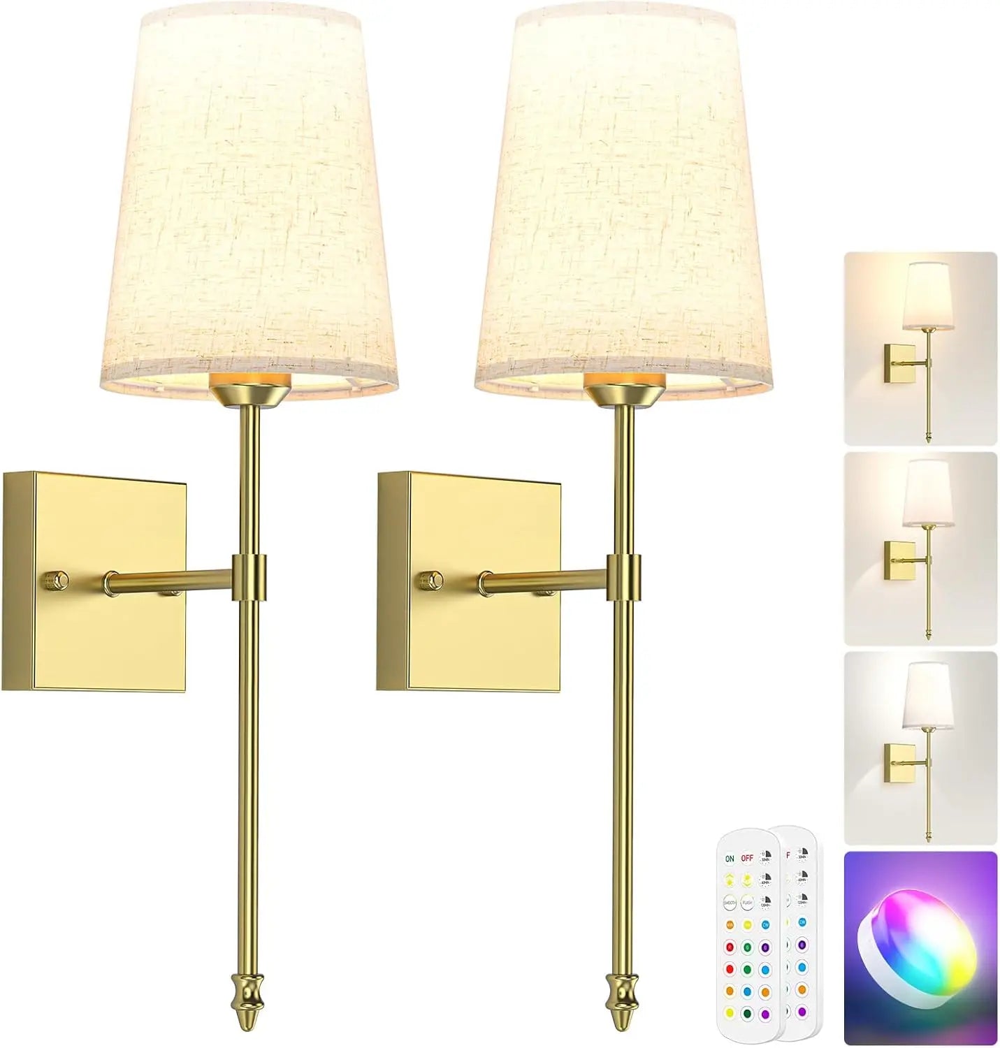 Rechargeable Battery Operated Wall Sconce Set of 2 - Dimmable RGB with Remote & 3 Color Temperatures for Office