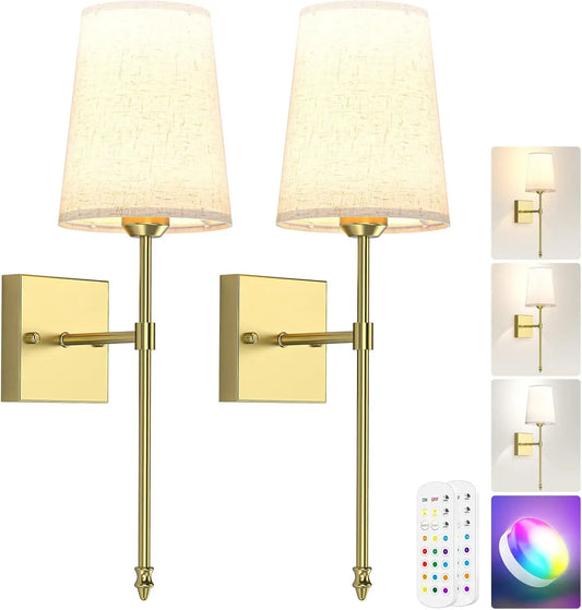 Rechargeable Battery Operated Wall Sconce Set of 2 - Dimmable RGB with Remote & 3 Color Temperatures for Office