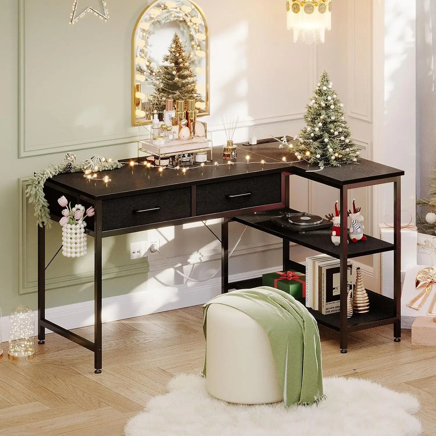 40 Inch L Shaped Computer Desk with 2 Drawers, Small Desk for Small Space, Home Office Table for Laptop Users, Black