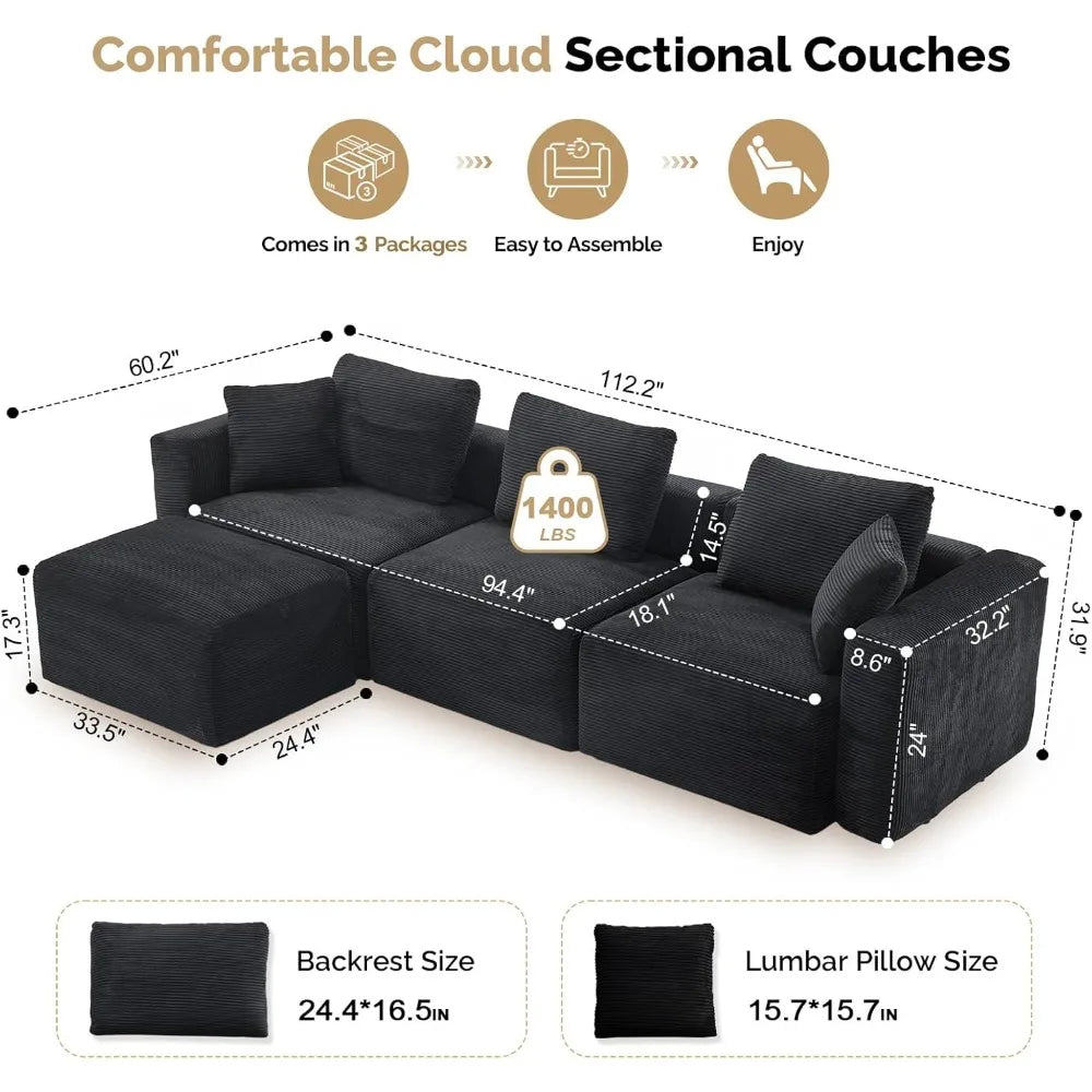 112.2“ Convertible Corduroy Cloud Sectional Couches with Movable Ottoman, L-Shaped Upholstered Sofa with Deep Seat