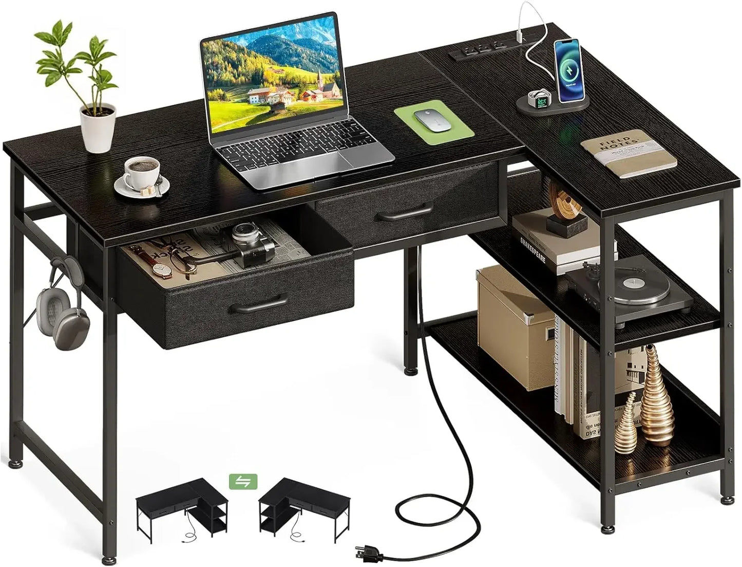 40 Inch L Shaped Computer Desk with 2 Drawers, Small Desk for Small Space, Home Office Table for Laptop Users, Black