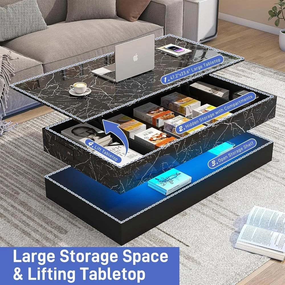 Large Lift Top Coffee Table with Charging Station, LED Modern High Glossy Center Table with Hidden Compartment Storage