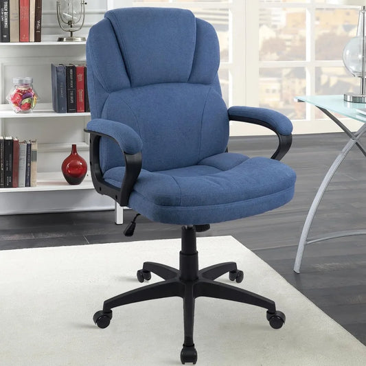 Blue Cloth Office Chair Fabric Covered Desk Chair, Adjustable Height Swivel Chairs Ergonomic Executive Chair with Arms and Whee