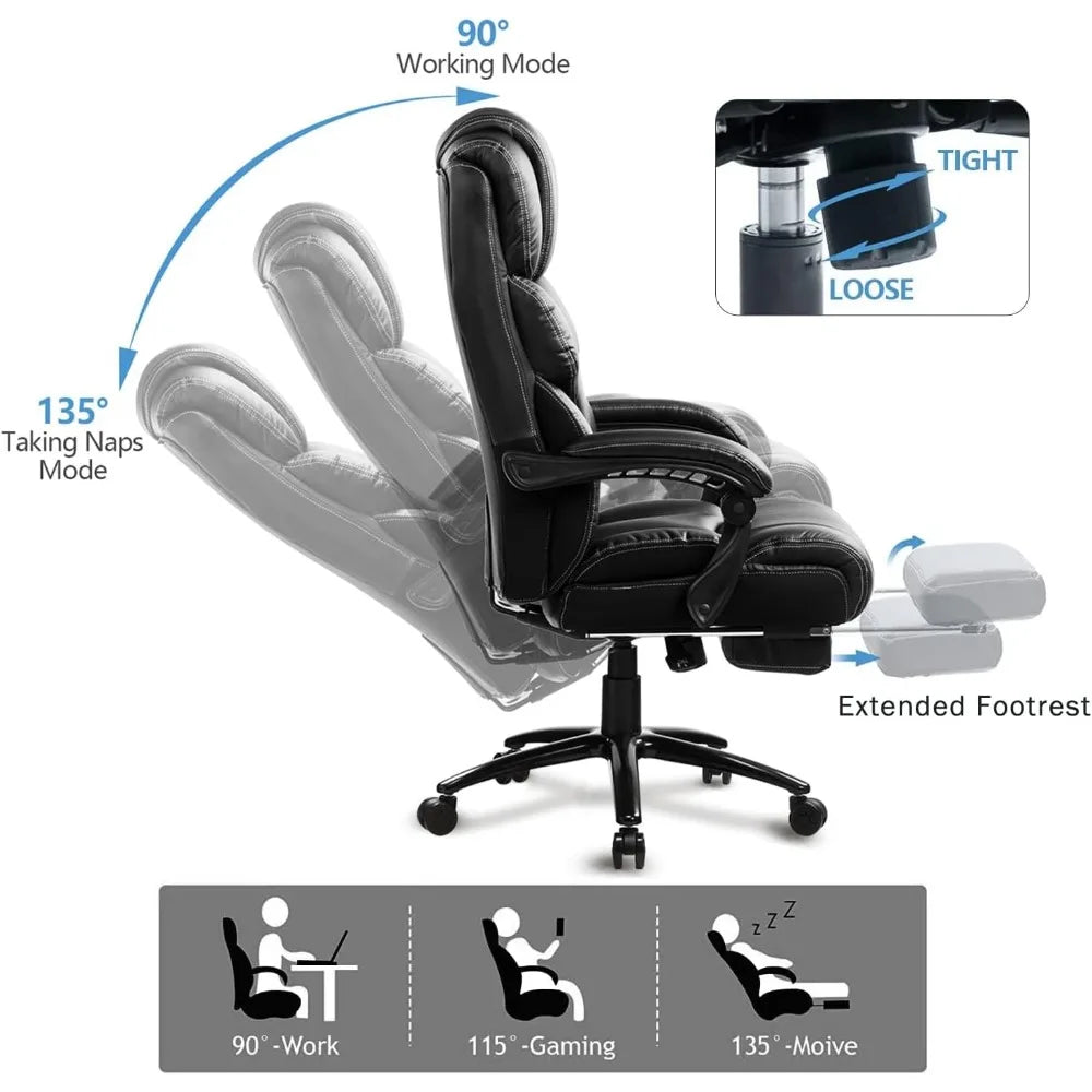 Big and Tall Office Chair 400LBS with Footrest, Heavy Duty Reclining Executive Desk Chairs, High Back Wide Seat Ergonomic Home C
