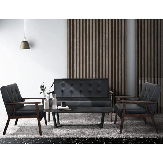 "Black Faux Leather Sofa Set - Loveseat & 2 Accent Chairs, Mid-Century Modern for Office/Waiting Room"