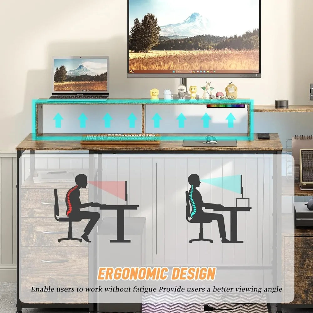 Computer Desk with Drawers, 67 Inch Office Desk with Storage and Power Outlet, Work Table for Home Office, Gaming Desk with Led