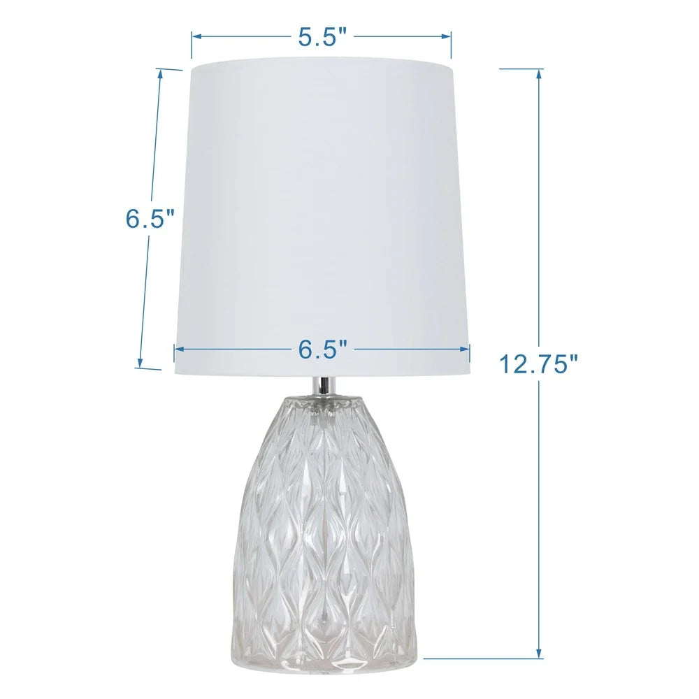 Mini Clear Glass Table Lamp with White Shade Compact Design Home Office Easy Push Thru Switch Ideal Small Spaces