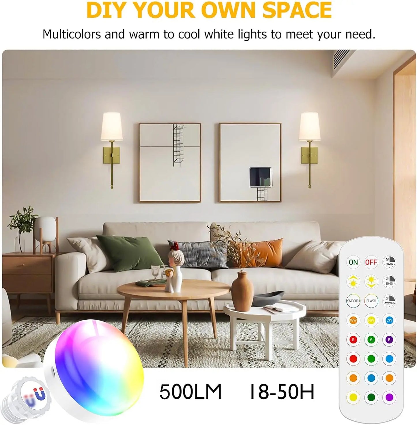 Rechargeable Battery Operated Wall Sconce Set of 2 - Dimmable RGB with Remote & 3 Color Temperatures for Office