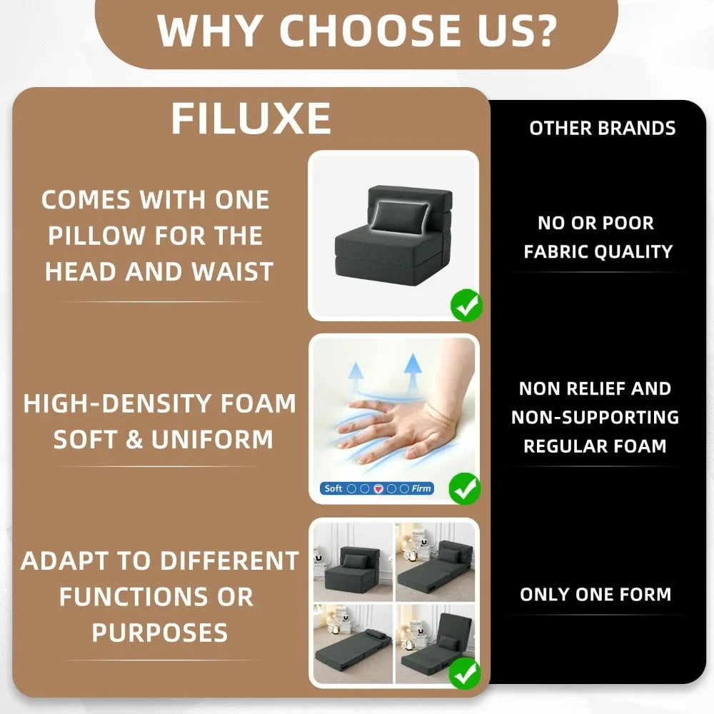 Convertible Folding Sofa Bed - Sleeper Chair with Pillow, Modern Linen Fabric, Futon Couch, Foldable Mattress