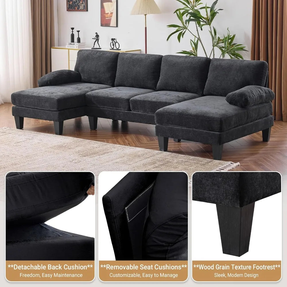 110" Sectional Couches, U Shaped Couch with Double Chaise, 4-Seat Sofa Set with Chenille Fabric