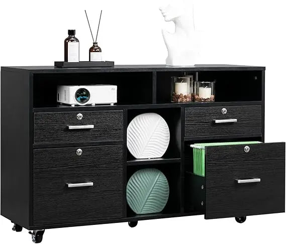 Wood Mobile File Cabinet with 4 Drawers and Shelves, Printer Stand with Open Storage, Locking Lateral Filing Cabinet for
