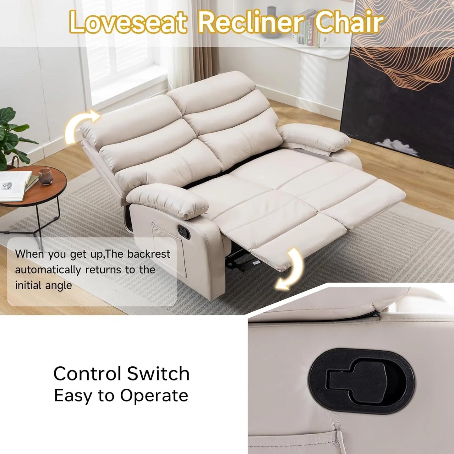 Reclining Loveseat, Leather Double Recliner Sofa with Side Pocket, Wall Hugger Loveseat Recliner