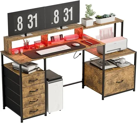 Computer Desk with Drawers, 67 Inch Office Desk with Storage and Power Outlet, Work Table for Home Office, Gaming Desk with Led
