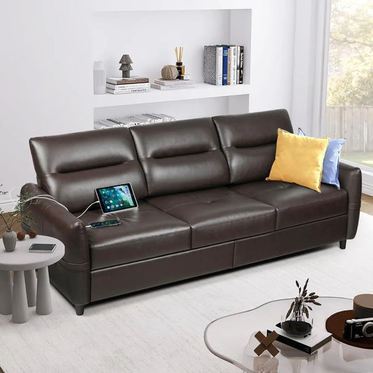 85 "artificial leather office sofa with USB, modern 3-seater, stain resistant and 3-clustered plush cushions, office sofa