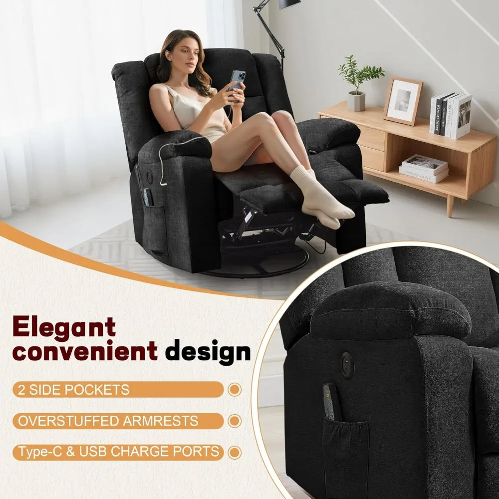 Rocker Recliner, Glider Recliner Chairs for Adults, 360° Swivel Rocking Chair with Massage and Heating, Nursery Chair with Stora