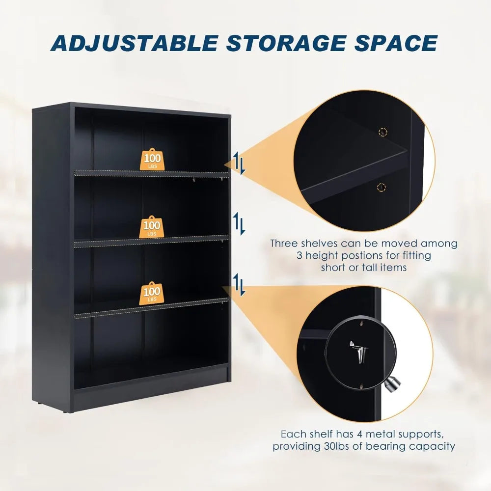 Black Bookshelf for Bedroom 4 Shelf Office Bookcase 48 Inches Tall Modern Wood Bookshelf for Living Room 4 Tier Wide