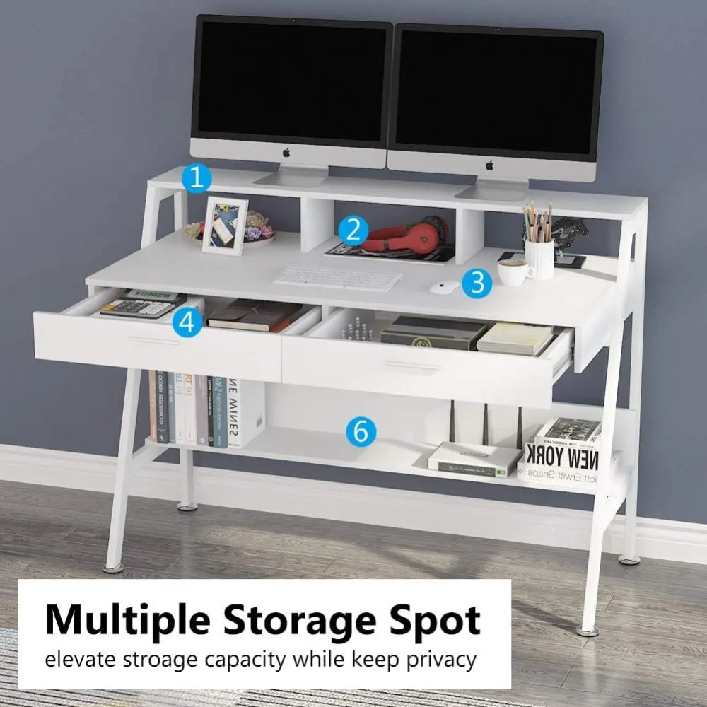Computer Desk with Storage Shelf & Drawers, Modern 47 inch Office Writing Desk Study Table with Monitor Stand Riser for Home Of