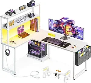 53 Inch L Shaped Desk with LED Lighting, Reversible Gaming Desk with Power Outlets, Cornor Computer Table with Storage Shelves