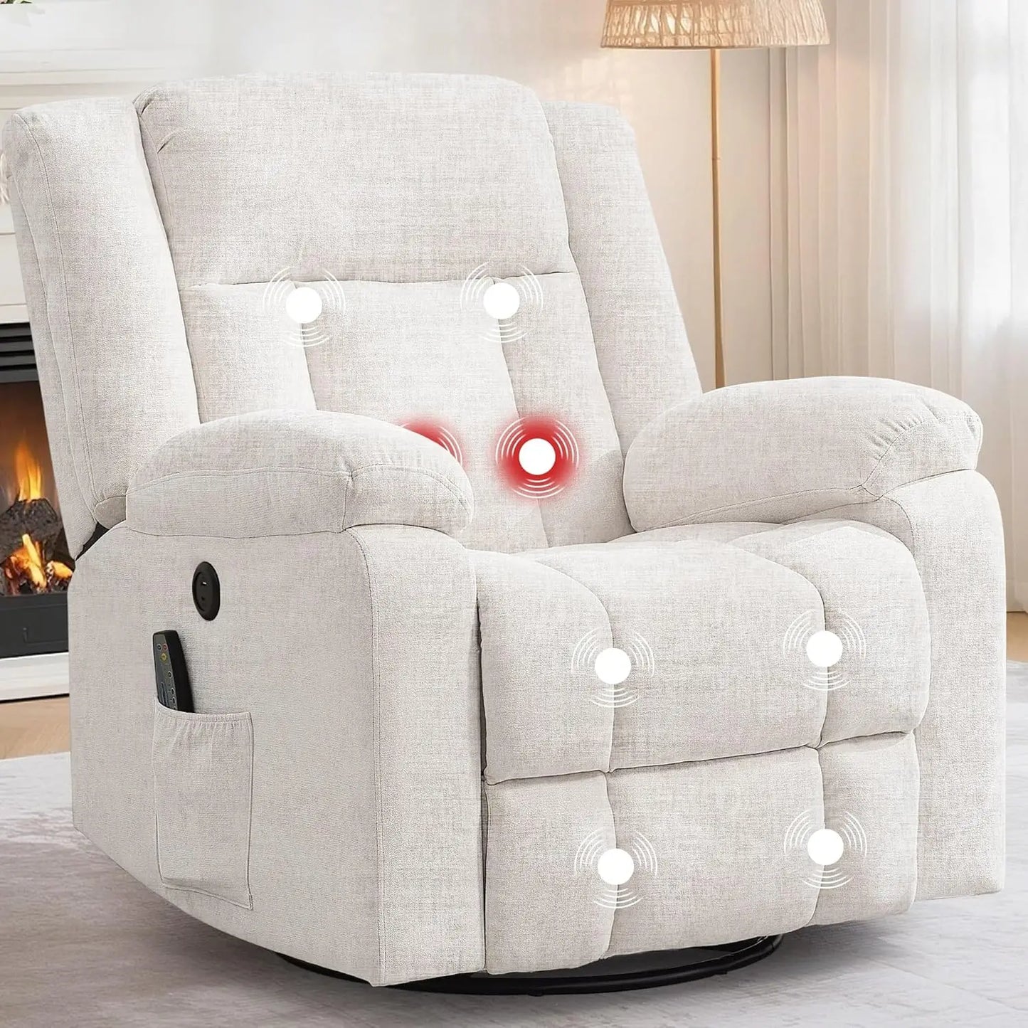 Rocker Recliner, Glider Recliner Chairs for Adults, 360° Swivel Rocking Chair with Massage and Heating, Nursery Chair with Stora