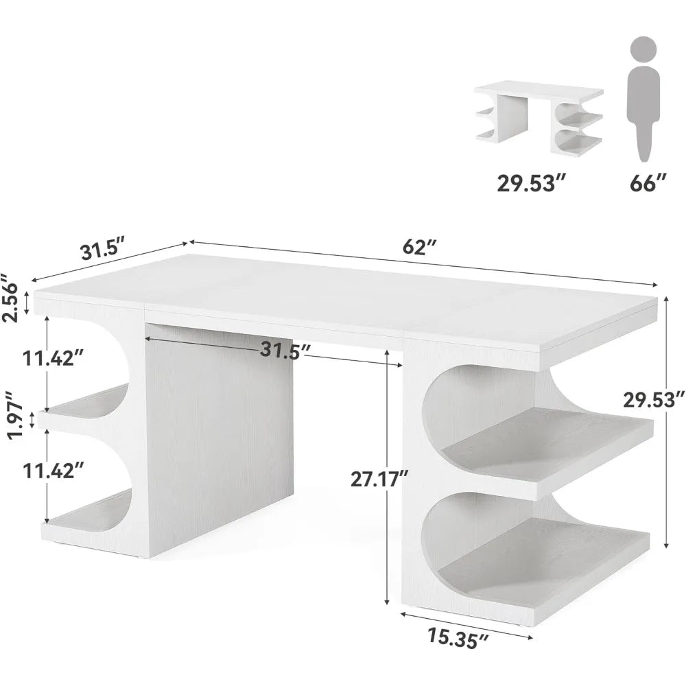 62.2-Inch Executive Desk, Modern Home Office Desks, Office Table with Storage Shelves for Workspace, Large Computer Desk, Long