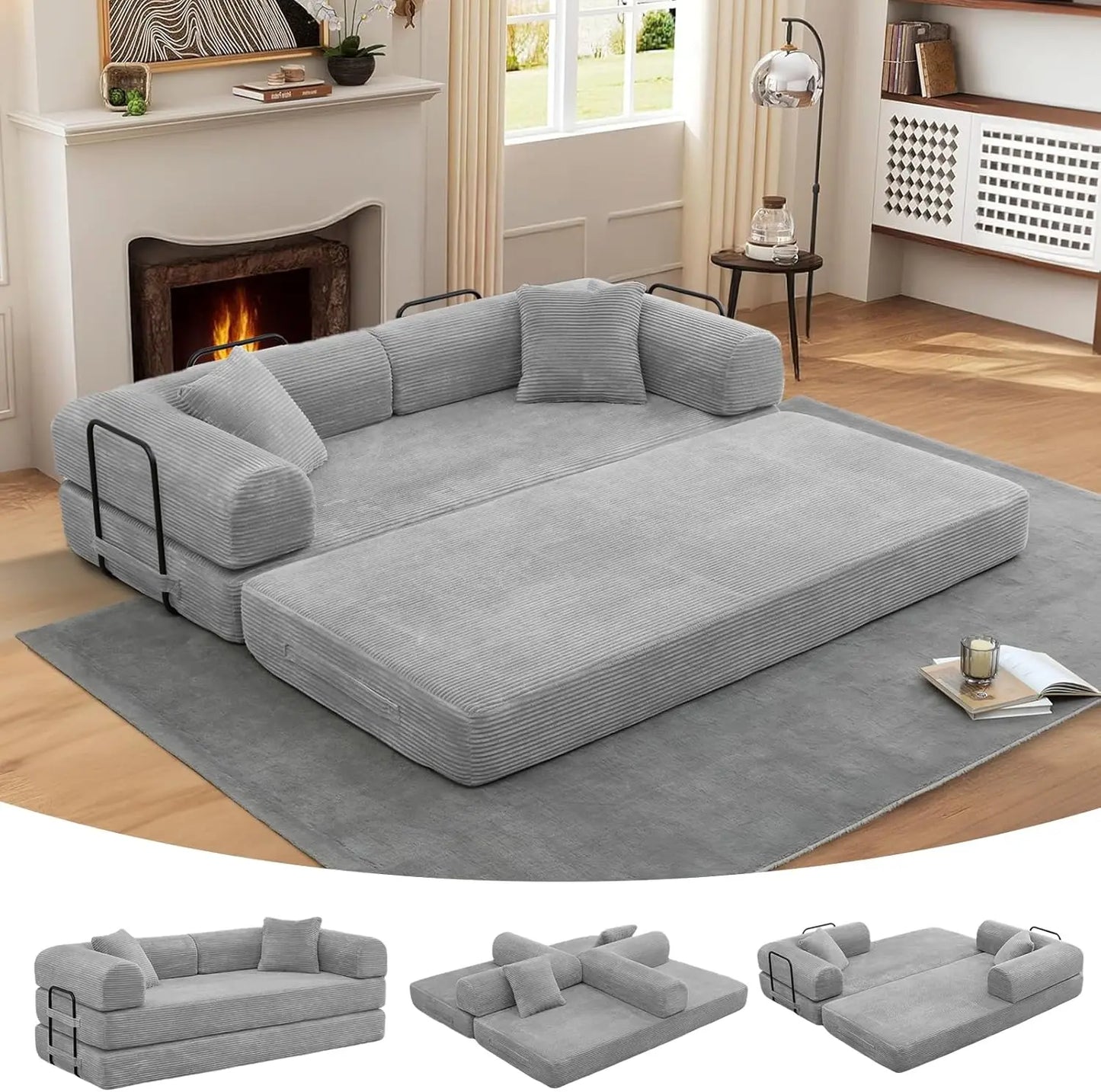 Convertible Folding Sofa Bed - Modular Floor Couch with Removable Backrest, Corduroy & Fixed-Frame