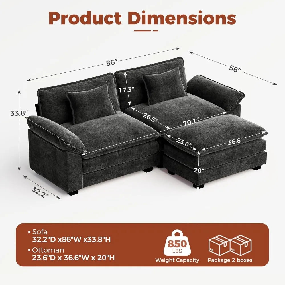 "86 Inch Modular L-Shaped Couch with Removable Ottoman, Plush 3-Seat Chenille Sofa for Modern Living Spaces"