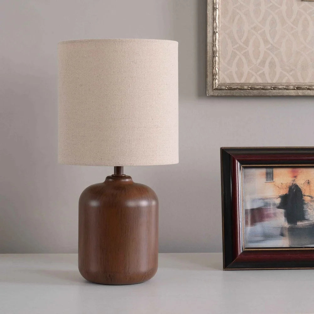 Mini Faux Wood Table Lamp with White Shade Traditional Style Energy Efficient Desk Light Living Room Bedroom Office
