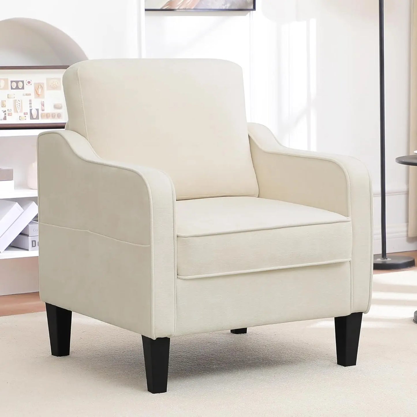 Mid Century Modern Reading Chair for Office, Upholstered Armchair with Side Pockets, Comfy Single