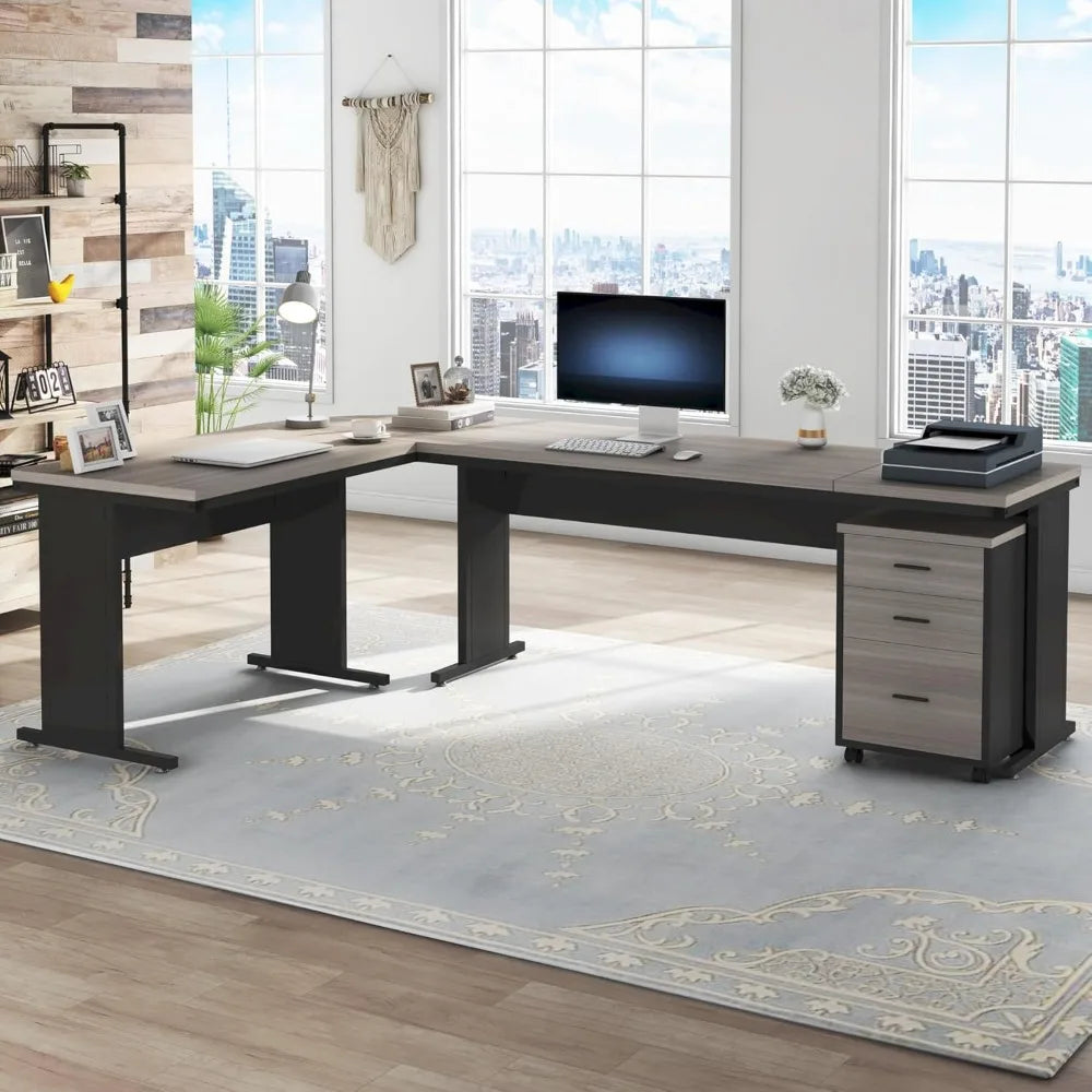 L-Shaped Executive Desk, Large Office Desk with Drawes,Industrial Corner Computer Table with File Cabinet, Business Workstation