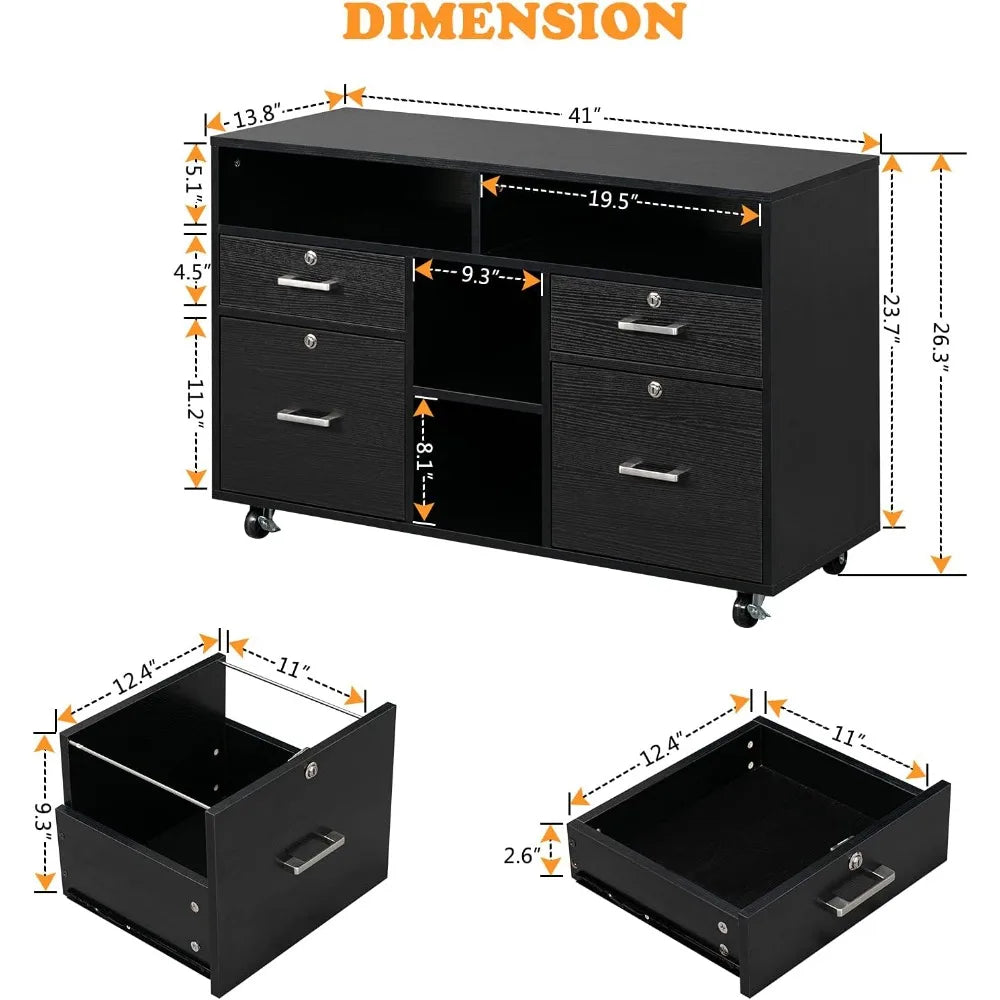 Wood Mobile File Cabinet with 4 Drawers and Shelves, Printer Stand with Open Storage, Locking Lateral Filing Cabinet for
