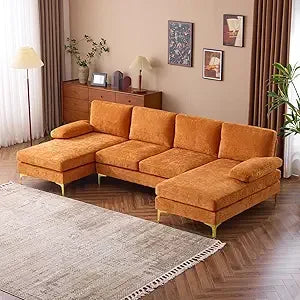 110" Sectional Couches, U Shaped Couch with Double Chaise, 4-Seat Sofa Set with Chenille Fabric