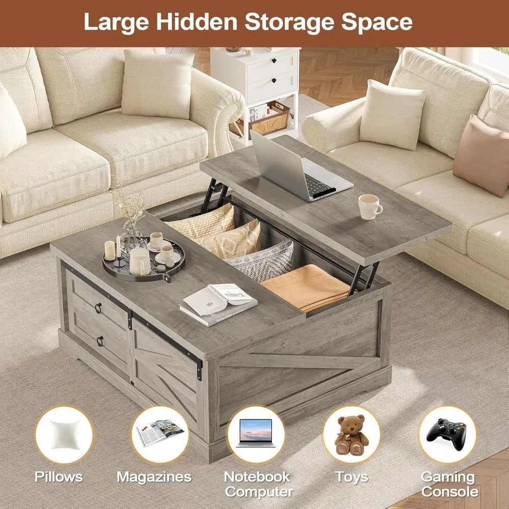 Farmhouse-Style Lift Top Coffee Table with Storage, 39.4 Square, for Living Room