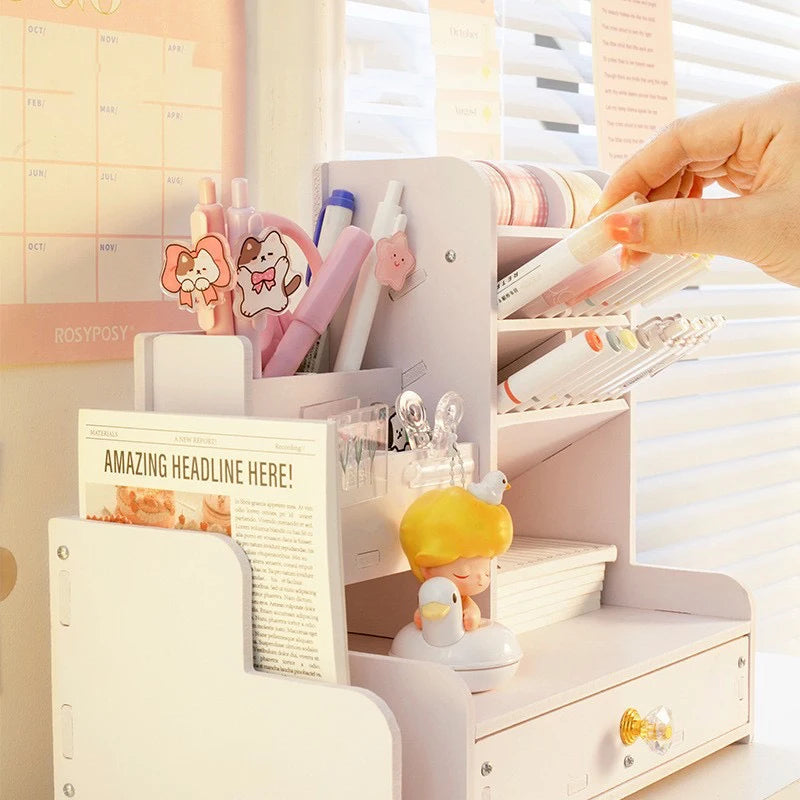 Desk Organizer, DIY Desk Organizer with Drawer - Multi-Functional Pen Holder, Easy Assembly Office Art Supplies Storage