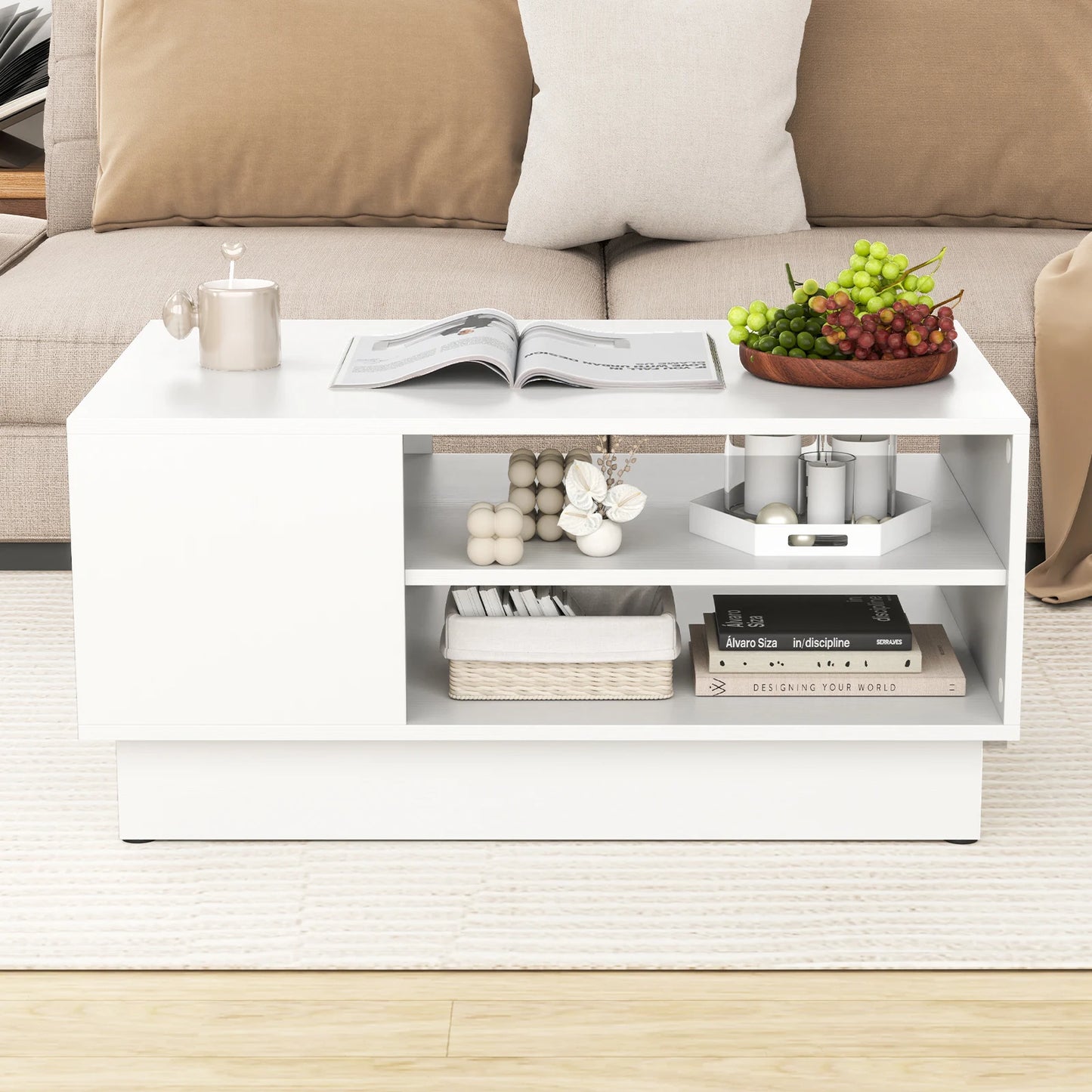 34" Long Rectangle Center Table Coffee Table w/ 2-Tier Open Storage Shelves