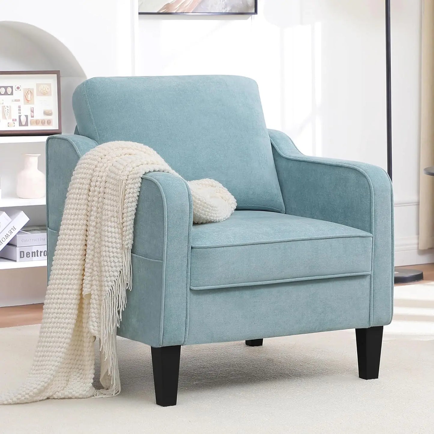 Mid Century Modern Reading Chair for Office, Upholstered Armchair with Side Pockets, Comfy Single