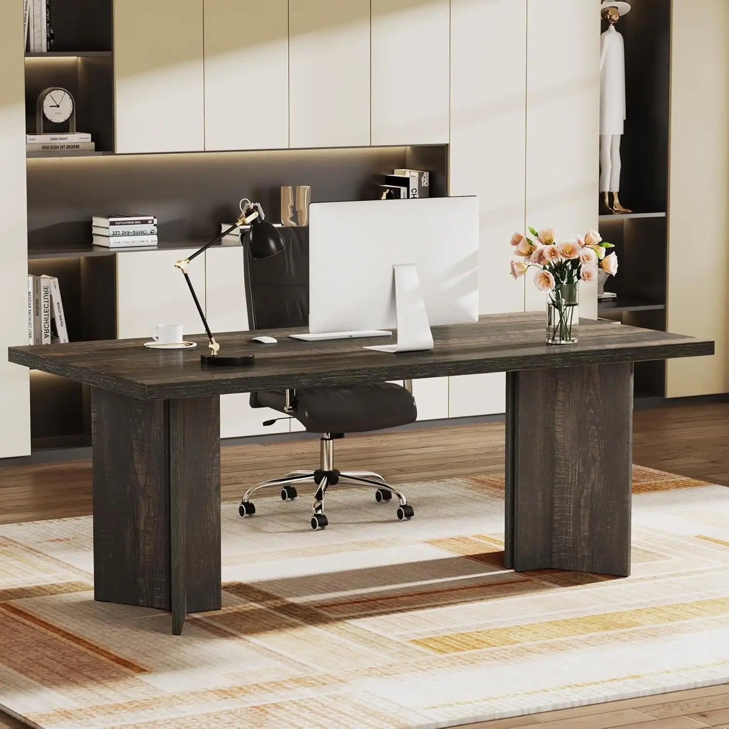 63-inch Executive Desk,Vintage Home Office Computer Desk with Large Tabletop,Farmhouse Wood Writing Conference Table Workstation