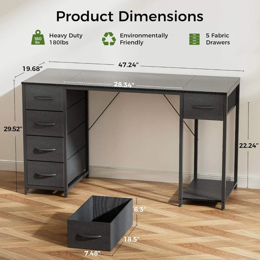 Computer Desk with 5 Fabric Drawers, 47 Inch Home Office Desk with Storage Shelves, Gaming Writing Work Study Table for Bedroom,