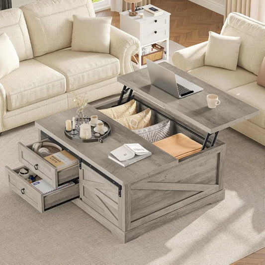 Farmhouse-Style Lift Top Coffee Table with Storage, 39.4 Square, for Living Room