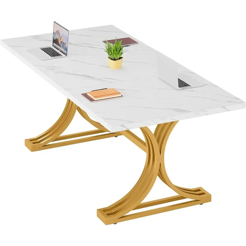 5FT Conference Table for 4 to 6, 63" W x 31.5" D Modern Meeting Table with Faux Marble Tabletop, White and Gold Business
