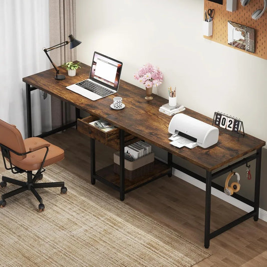 two person desk, 79 inch double desks with 2 drawers, large computer desk long desks with storage shelves, writing table study