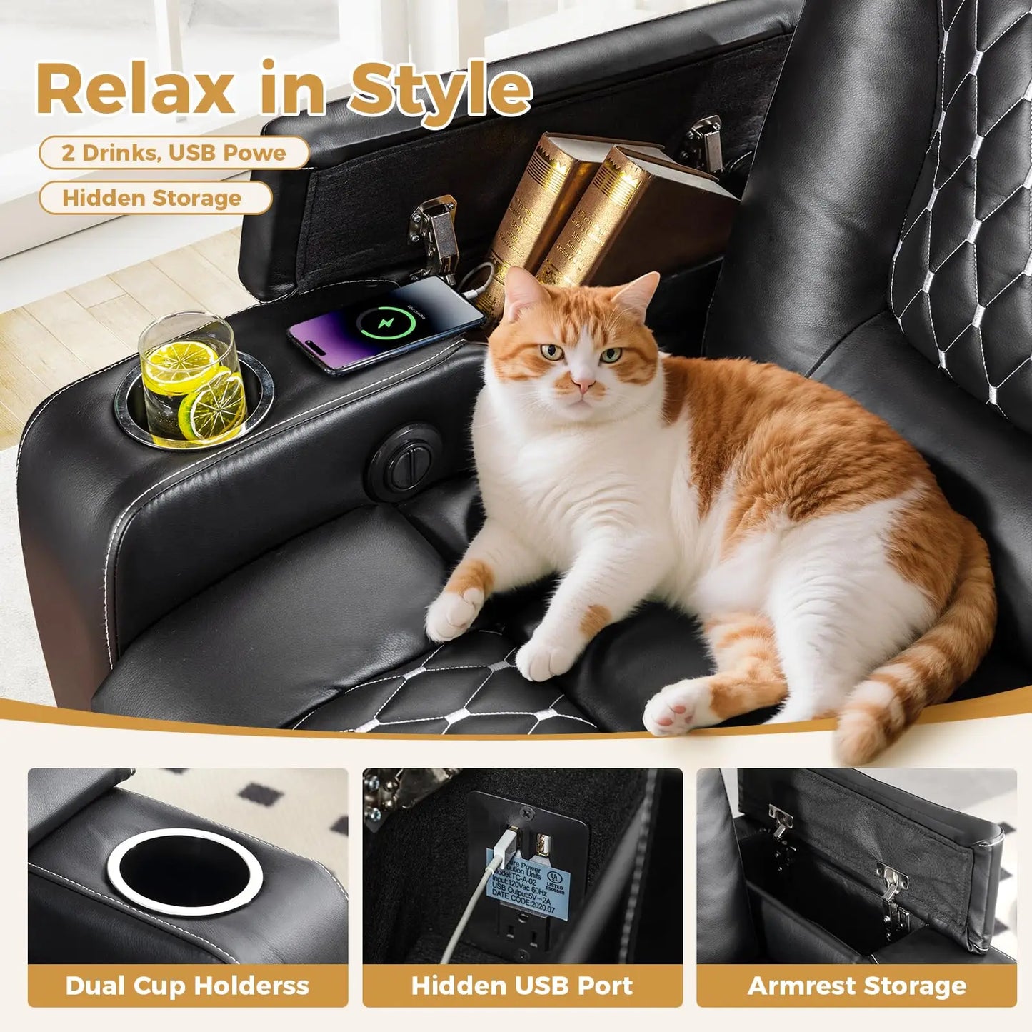 Electric Power Recliner Chair with USB Ports and Cup Holders, Breathable Leather Seating with Hidden Arm Storage