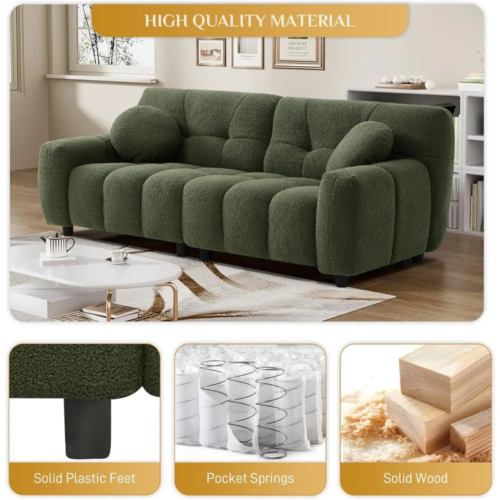 Boucle Cloud Sofa Couch, Comfy Deep Seat Sherpa Couch, 72.8" Cozy Teddy 2 Seat Marshmallow Couches with 2 Pillows,