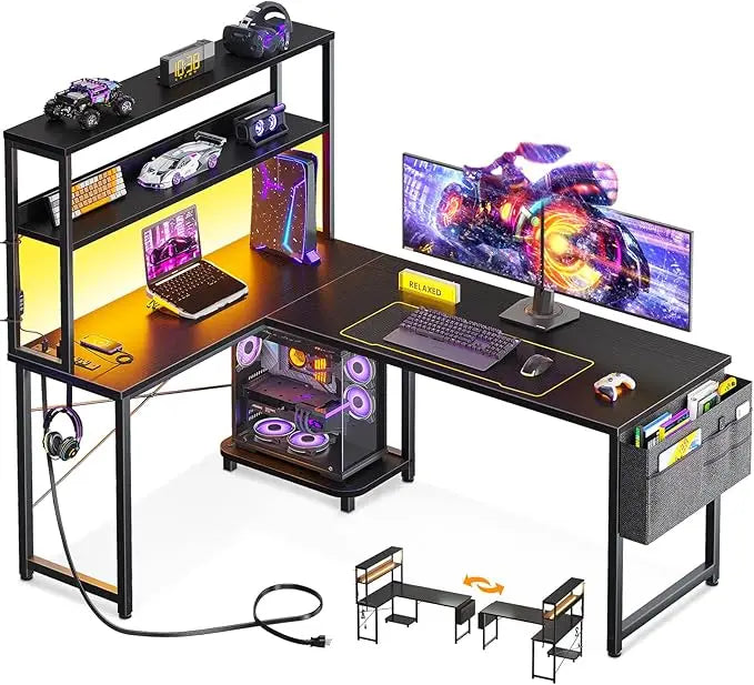 53 Inch L Shaped Desk with LED Lighting, Reversible Gaming Desk with Power Outlets, Cornor Computer Table with Storage Shelves