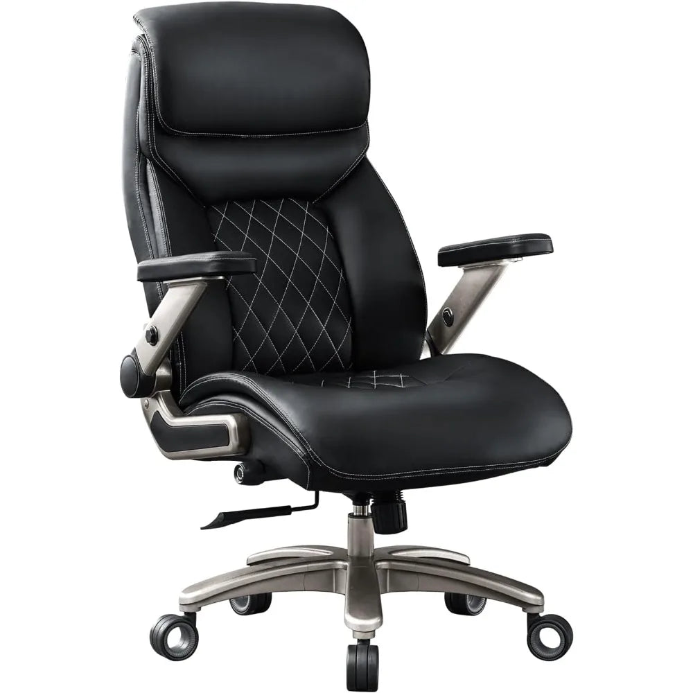 Big and Tall Office Chair with 5D Flip Arms, 600LBS PU Leather Executive Chair with Adjustable Lumbar Support 3'' Double Space W