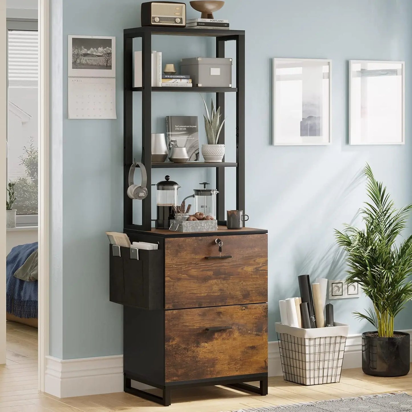 2 Drawer File Cabinet with Lock,Fits Letter, Legal, A4 Size, Hanging File Folders,Adjustable Storage Shelf and Hook,Rustic Brown