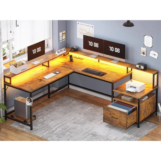 L Shaped Office Desk, 66" Corner L Shaped Computer Desk with File Drawer & Power Outlet for Home Office, Gaming Table with Led