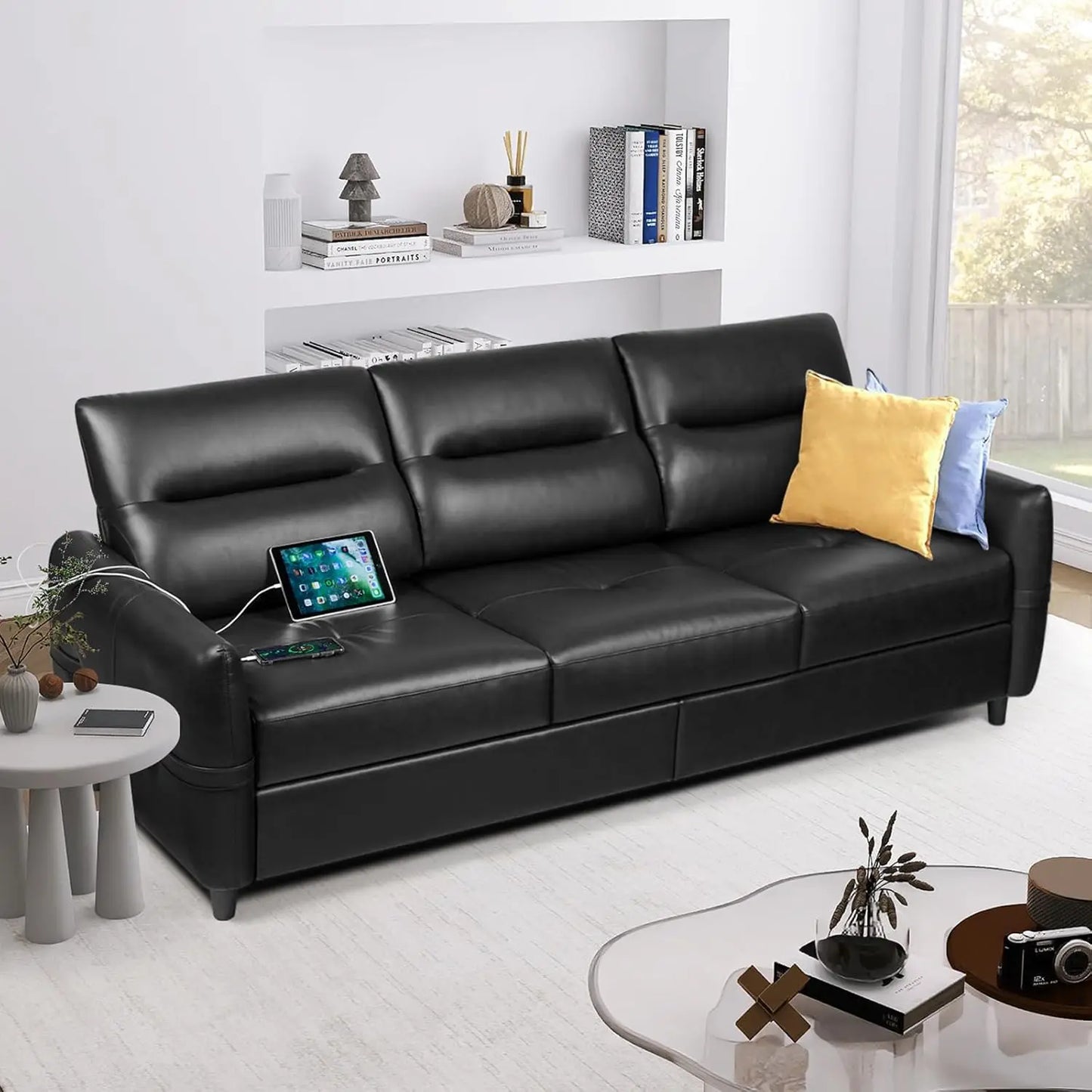 85 "artificial leather office sofa with USB, modern 3-seater, stain resistant and 3-clustered plush cushions, office sofa