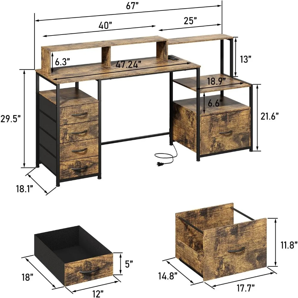 Computer Desk with Drawers, 67 Inch Office Desk with Storage and Power Outlet, Work Table for Home Office, Gaming Desk with Led