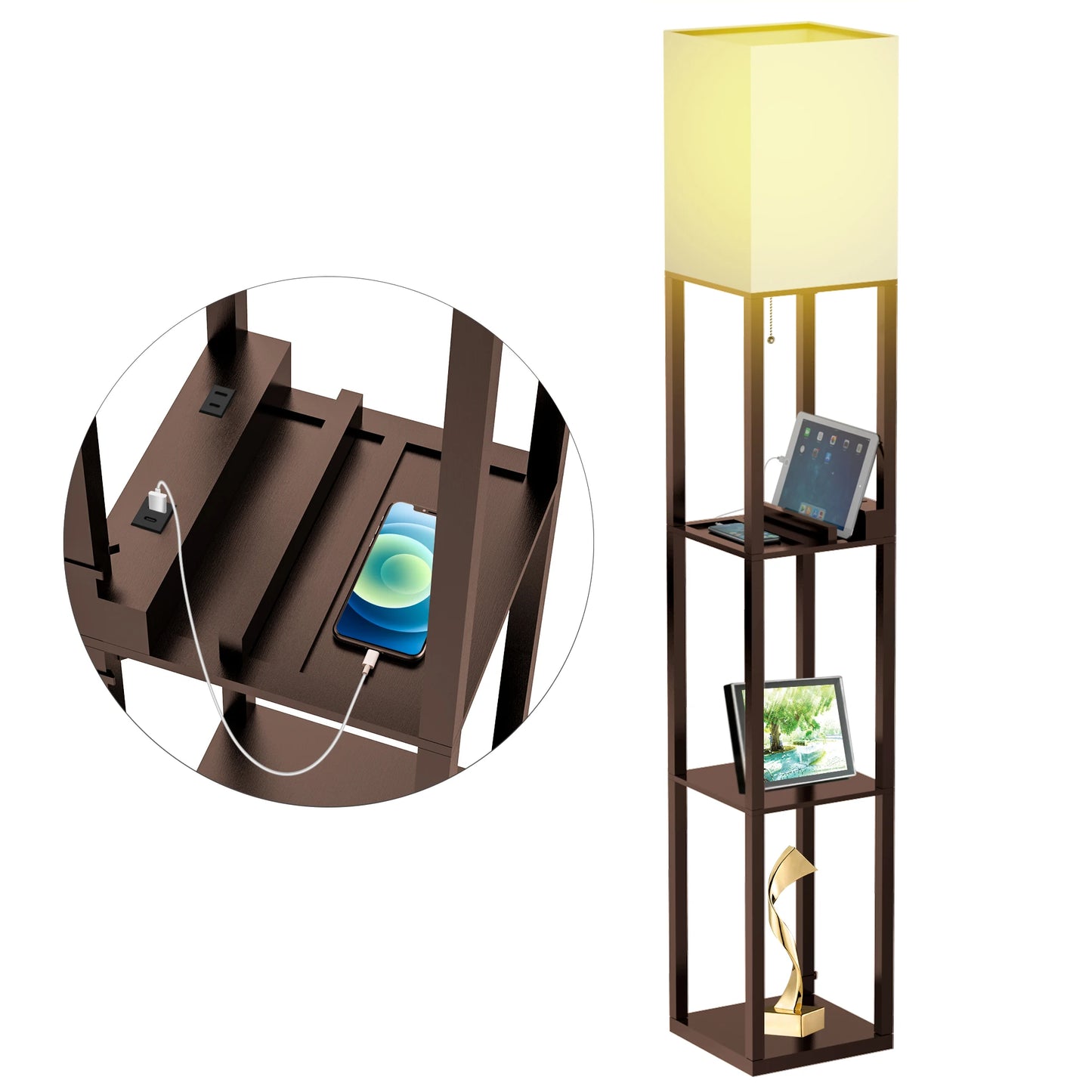 With Shelves, Solid Wood, Usb Ports And Bulb Included