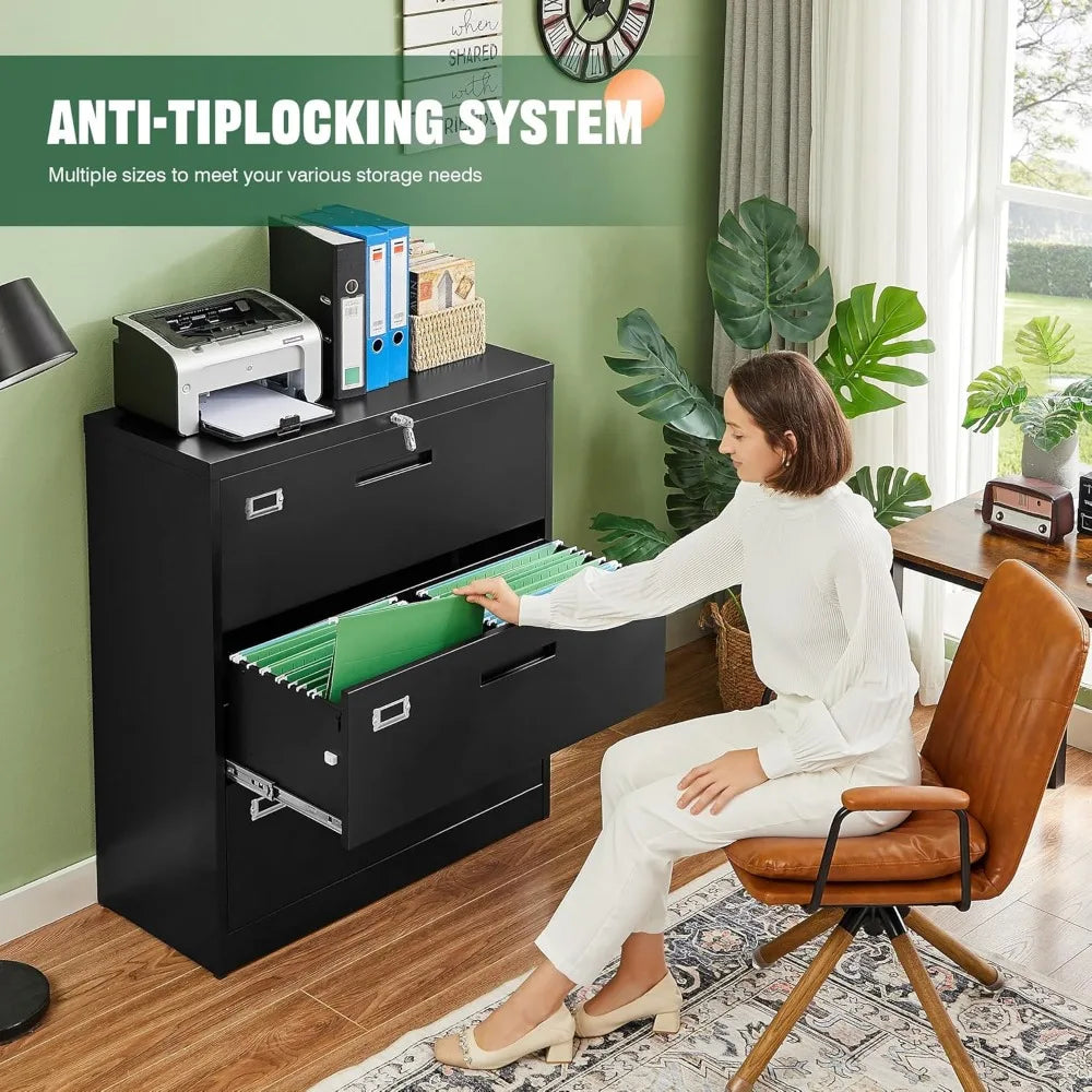 Lateral 3 Drawer File Cabinets with Lock, Metal Filing Storage Vertical Cabinets